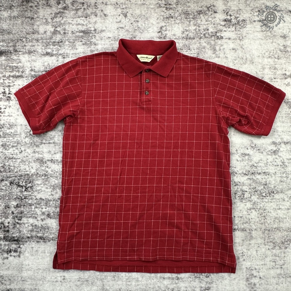 Eddie Bauer Polo Shirt Mens L Tall Red‎ White Windowpane Plaid Cotton Golf